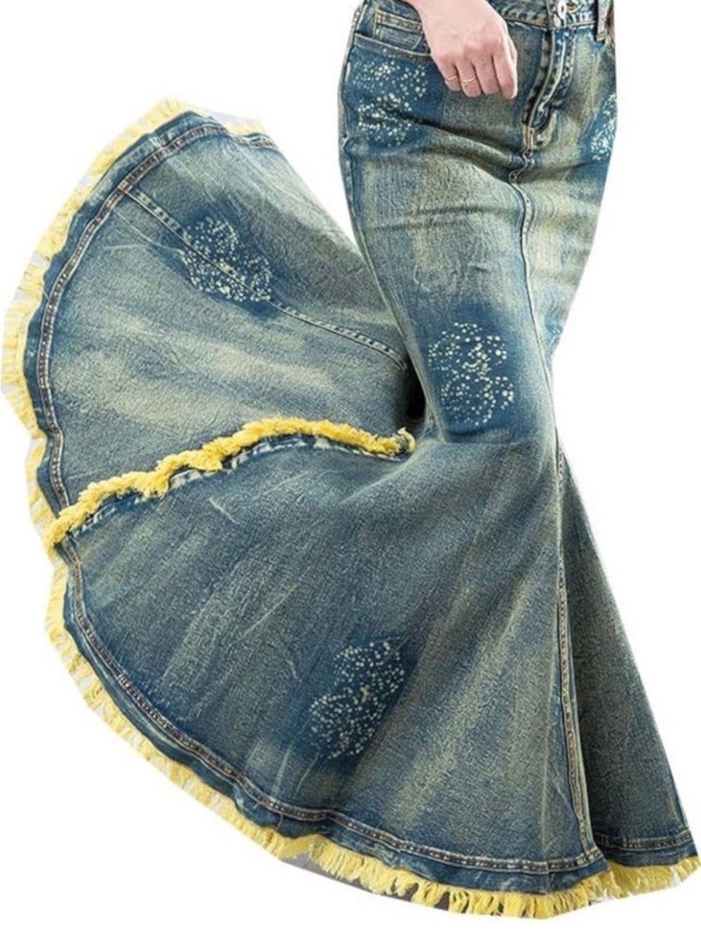 Denim Mermaid Maxi Skirt Jeans with Yellow Fringe